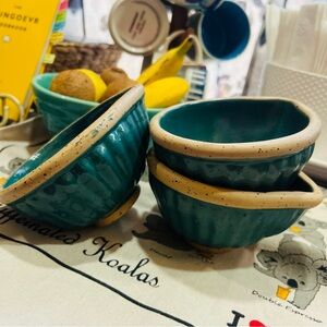 Anthropologie Heritage stoneware prep bowls teal green speckled NEW